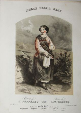 Antique Sheet Music Hand Colored Bonnie Bessie Gray Bufford Boston 1859 5 Pages