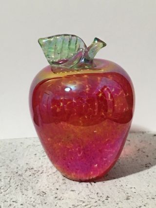 Vintage Iridescent Glass Apple Carnival 1986 Vines Mt St Helens Ash Paperweight