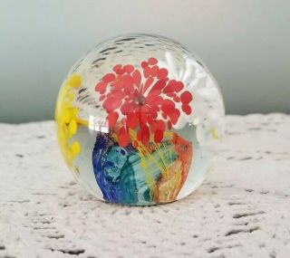 Vintage Hand Blown Small Round Glass Paperweight With Flowers