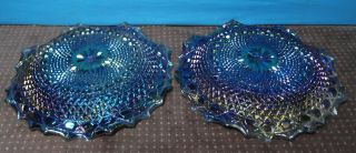 2 Vintage Indiana Iridescent Blue Carnival Glass Ruffled Bowl Plates 6.  5 "