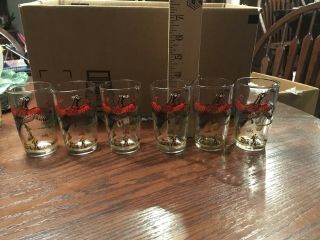 Vtg 6pc Pheasant Hunter Bar Juice Glasses Set Red Green Gold Hazel Atlas Retro
