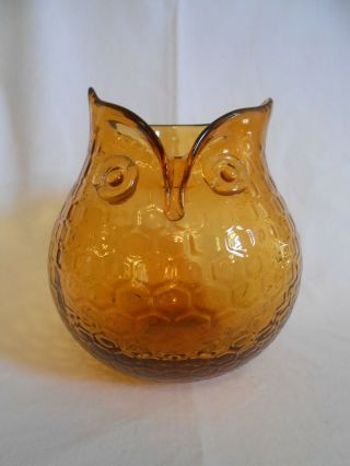 Vintage Honeycomb Glass Owl Vase Or Candy Dish Amber Hand Blown