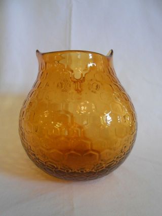 Vintage Honeycomb Glass Owl Vase or Candy Dish Amber hand blown 2