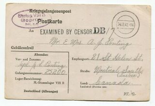 Canada / Germany 1942 Canadian Pow In Germany - Censor Postcard To Quebec -