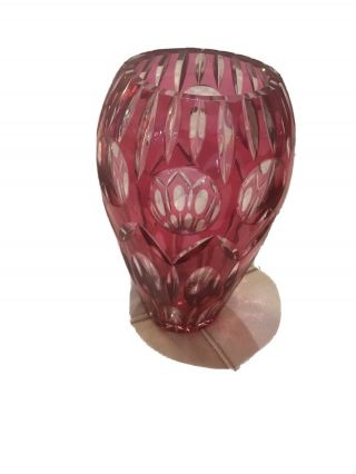 Vintage Ruby Red & Clear Crystal Glass Vase With Etching