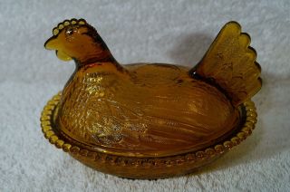 Vintage Mcm Indiana Glass Amber Gold Hen Chicken On A Nest Covered Candy Dish