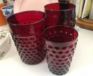 Vintage Retro Orphaned Set Of 3 Ruby Red Glass Hobnail Glasses Tumblers 3 Sizes