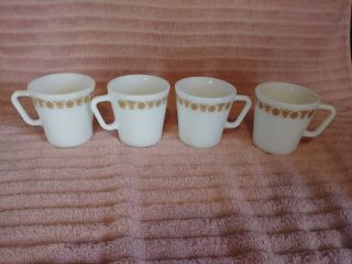 Set Of 4 Pyrex Butterfly Gold Milk Glass Coffee Mugs