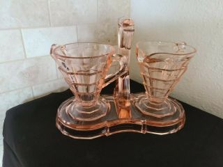 Pink Glass Tea Room Depression Creamer & Sugar Indiana Glass 1926 - 1931 On Tray
