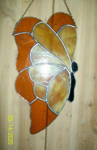 Vintage Butterfly Stained Glass Suncatcher Amber Colors 13 X 7 In.