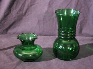 2 Vintage Anchor Hocking Forest Emerald Green Glass Bud Vase Tall Short
