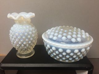 Vintage Clear And Blue Hobnail Candy Dish With Lid And Small Vase