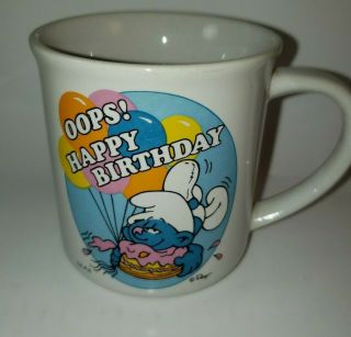 Vintage 1982 Smurfs Oops Happy Birthday Collector Mug W.  Berrie & Co