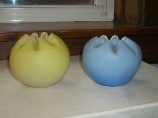 Two Art Glass Rose Bowls - - Yellow And Blue Hand Blown Circa 1910s