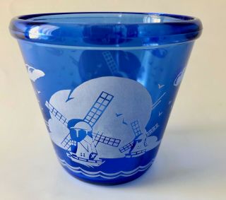 Vintage Cobalt Blue Ice Bucket With White Windmills Hazel Atlas Mcm