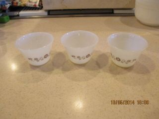 3 Vtg Retro Milk Glass Ramekins Small Bowls Dynaware Brown Flowers