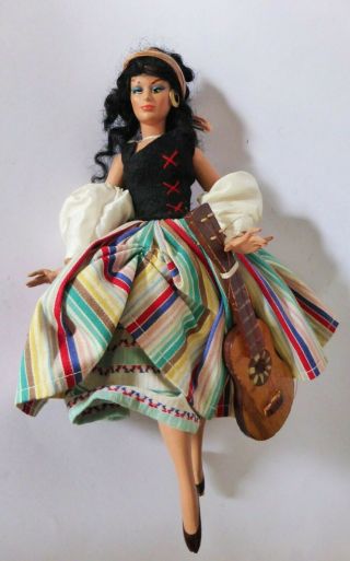 Vintage Gypsy Folk Doll With Guitar,  Rare Hand Painted 1940s 10 Inch Doll