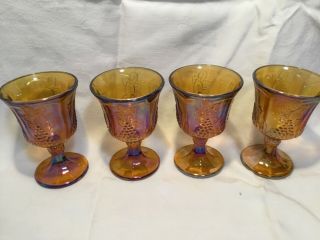 4 Indiana Colony Harvest Grape Iridescent Amber Carnival Glass Goblets