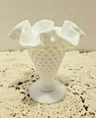 Vintage Fenton White Milk Glass Hobnail Ruffled Trumpet Vase 4 " Signed Cute