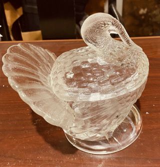 Vintage Clear Glass Turkey Candy Jar Covered Dish
