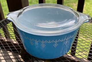 Vintage Pyrex 473 Snowflake Garland Blue Casserole Bowl With Lid 2