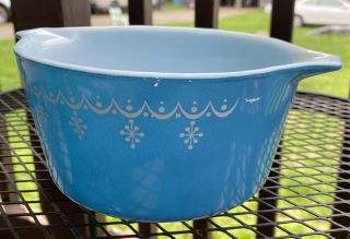 Vintage Pyrex 473 Snowflake Garland Blue Casserole Bowl With Lid 3