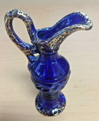 Vintage Blue Gold Trim Glass Small Pitcher Vase With Handle,  Unique