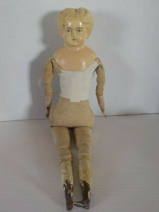 Antique German Paper - Mache Head Doll with Wood Carved Legs,  Arms & Cloth Body 2