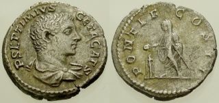 010.  Roman Silver Coin.  Geta,  Caesar.  Ar Denarius.  Rome.  Emperor Stg.  Vf