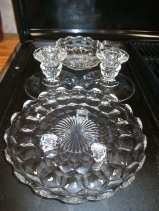 3 Pc Vntg Fostoria American Cubist Clear Glass Candle Holder Relish Footed Plate