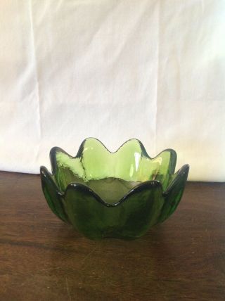 Vintage Blenko Art Glass Mid Century Lotus Bowl Heavy Green Glass
