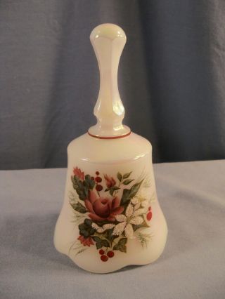 Fenton Hand Painted White Carnival Glass Bell - Pink Rose White Glitter Flowers