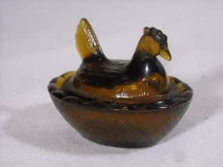 Vintage Amber Depression Glass Miniature Hen On Nest Salt Cellar Dip
