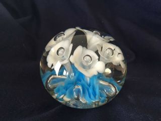 Vintage Glass Art Paperweight Blue Controlled Bubble Flower By Gibson 1986
