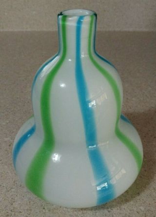 Vintage Art Glass White,  W Blue Green Striped Vase 6.  5 "