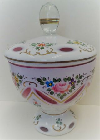 Bohemian Czech White Glass Cut To Cranberry Footed Covered Candy Dish 8.  5 " Tall