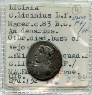 Licinia Denarius 83bc Silver Coin.  Starts@ 2.  99