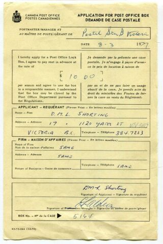 Canada Post Office 1977 Application For Post Office Box - Victoria Bc - Receipt