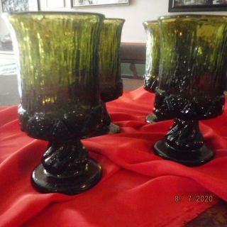 Vintage Fostoria Sorrento Green Glass Set Of 4 Water Goblet Glasses