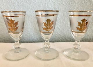 3 Vintage Stemmed Cordial Glasses Frosted Gold Leaf