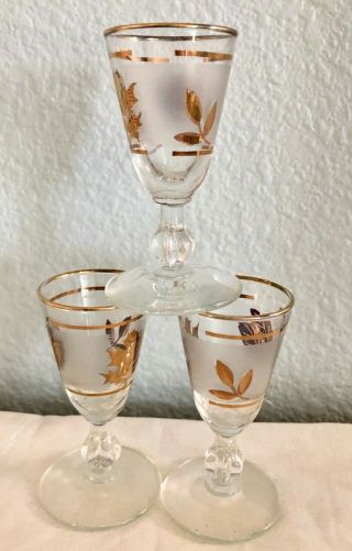 3 Vintage Stemmed Cordial Glasses Frosted Gold Leaf 2