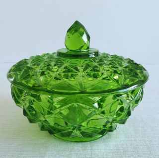 Emerald Green Glass Covered Candy Dish Round Diamond Pattern Scallop Edge Bowl