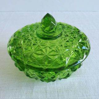 Emerald Green Glass Covered Candy Dish Round Diamond Pattern Scallop Edge Bowl 2