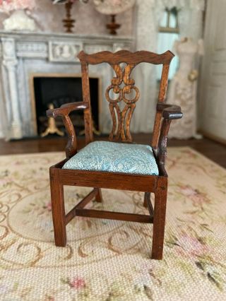 Vintage Miniature Dollhouse Artisan Carved Pierced Back Wood Upholstered Chair