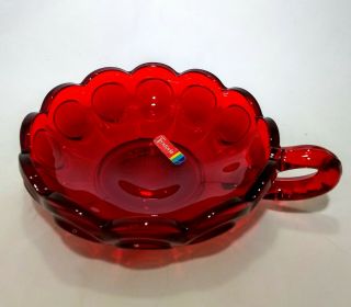 Vintage Fostoria Glass Ruby Red Coin Scalloped Nappy Candy Nut Dish W/handle