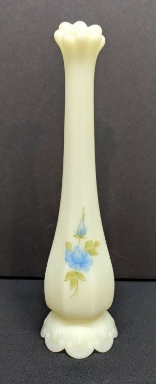 Fenton Blue Roses On Custard Bud Vase 8 " T Hand - Painted & Signed N.  Kuhne / Rose