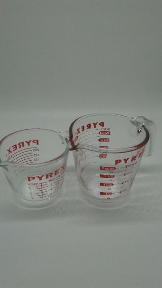 2 Vintage Pyrex Glass Measuring Cups 1 And 2 Cup Red Letters