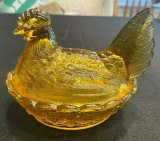Vintage Indiana Glass Amber Chicken Hen On Nest Candy Covered Dish Lid 7 " Bowl