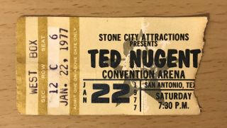 1977 Ted Nugent San Antonio Concert Ticket Stub For All Tour Stranglehold