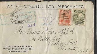 Newfoundland,  1915 Commercial Cover To Toronto,  7c Rate,  Registered,  Backstamps